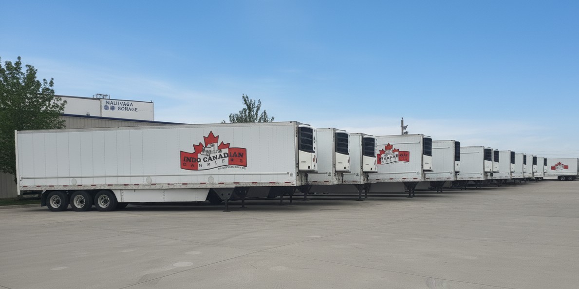 Indo Canadian Carriers refrigerated freight trucks with Canadian flags at company facility