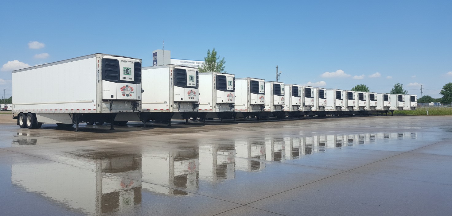 Fleet of white refrigerated trucks lined up at Indo Canadian Carriers facility