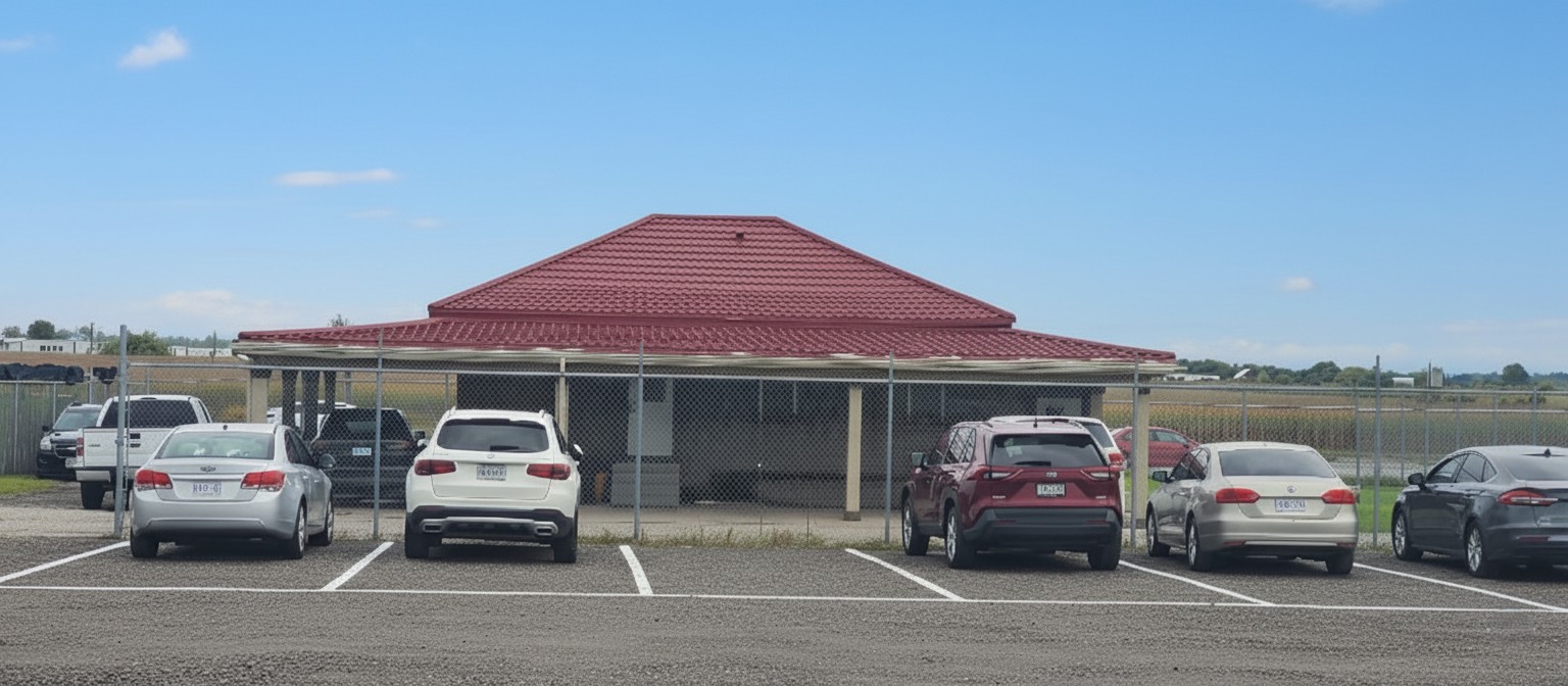 Covered parking area for refrigerated truck fleet maintenance and storage