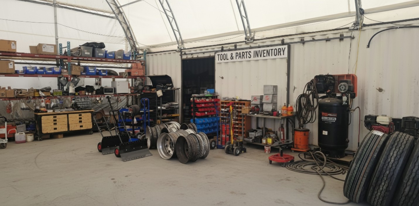 Professional truck parts and maintenance workshop with organized inventory