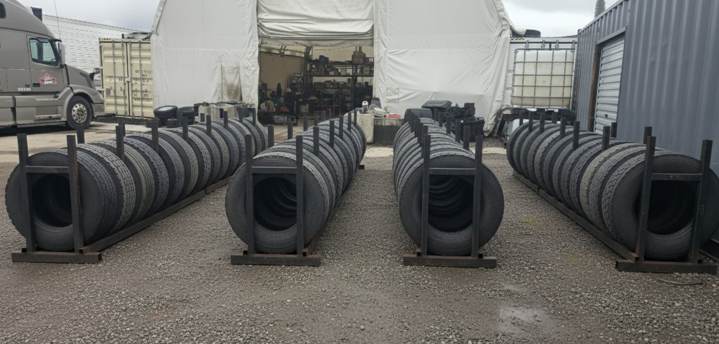 Outdoor tire storage yard for commercial truck maintenance