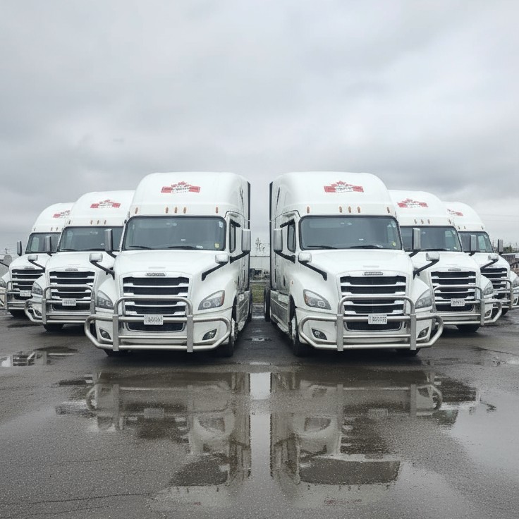 Professional white truck fleet parked at Indo Canadian Carriers facility