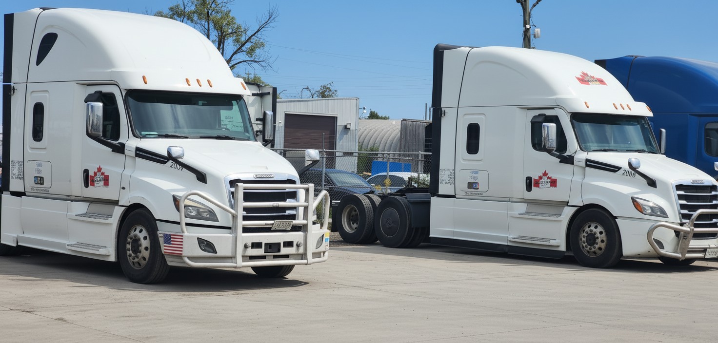 Freightliner refrigerated trucks with Canadian flags for cross-border transportation