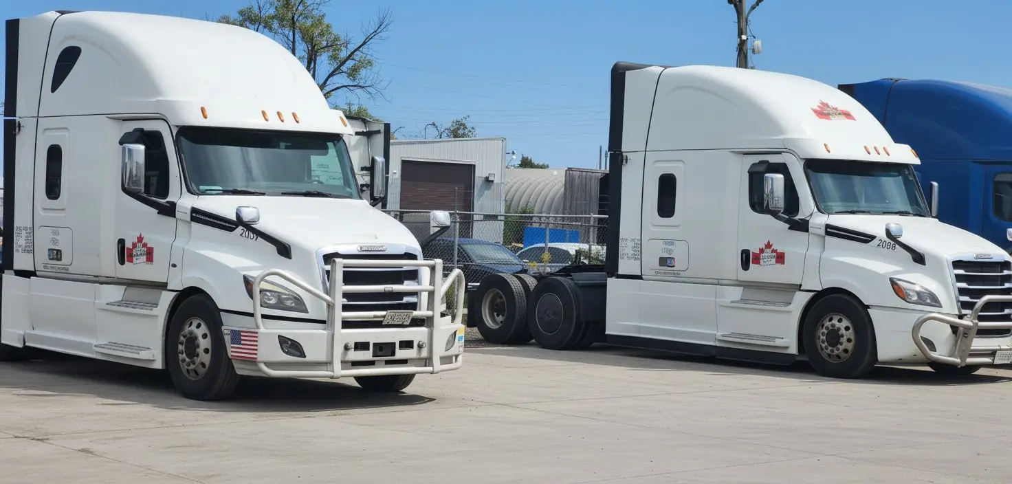 Freightliner refrigerated trucks with Canadian flags for cross-border transportation